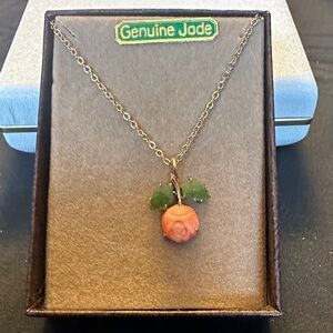 Vintage 18K Gold Filled Jade Leaf & Carved Rose Flower Pendant Necklace